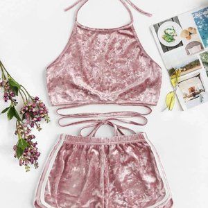 Halter Velvet Top With Elastic Waist Short